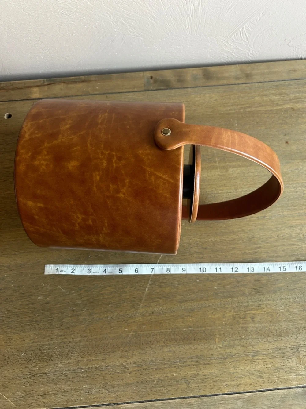 MCM Brown Leather Cylindrical Ice Bucket With Black Accent Made in L. A. USA.